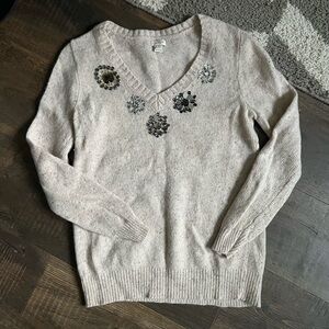 J. Crew Beige V-Neck Sweater with Embellishments